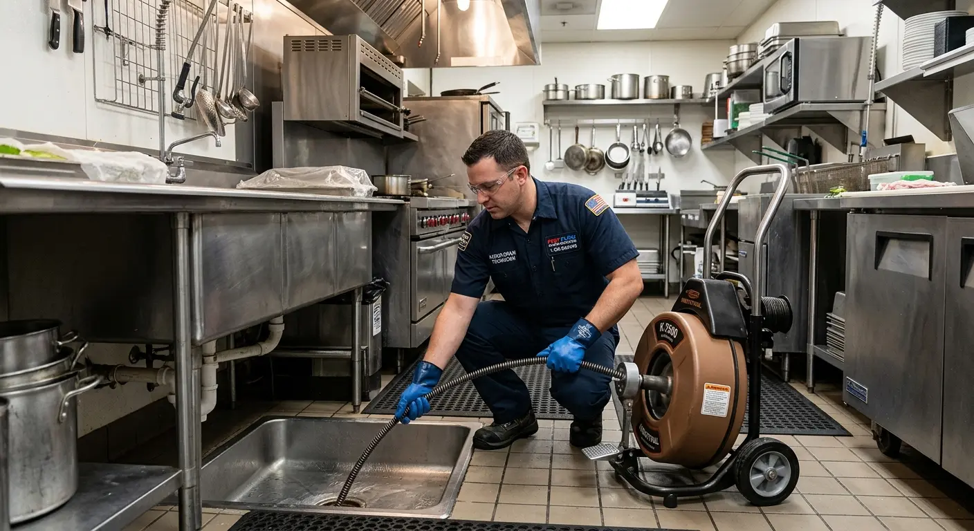 Commercial drain cleaning service in a restaurant kitchen in Marshfield