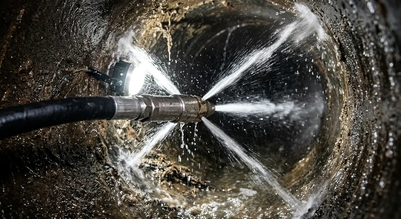 High-pressure hydro jetting nozzle cleaning sewer pipe for Trenchless Sewer Repair in Marshfield